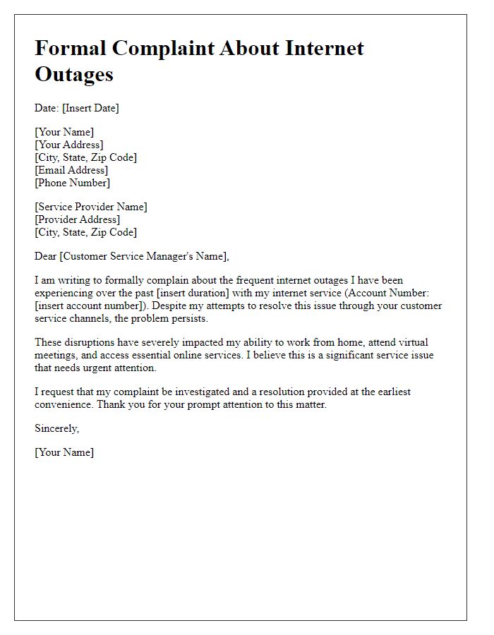 Letter template of formal complaint about frequent internet outages.