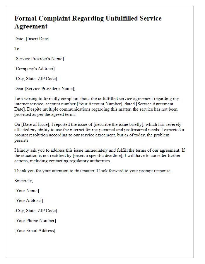 Letter template of formal complaint about unfulfilled service agreement for internet.