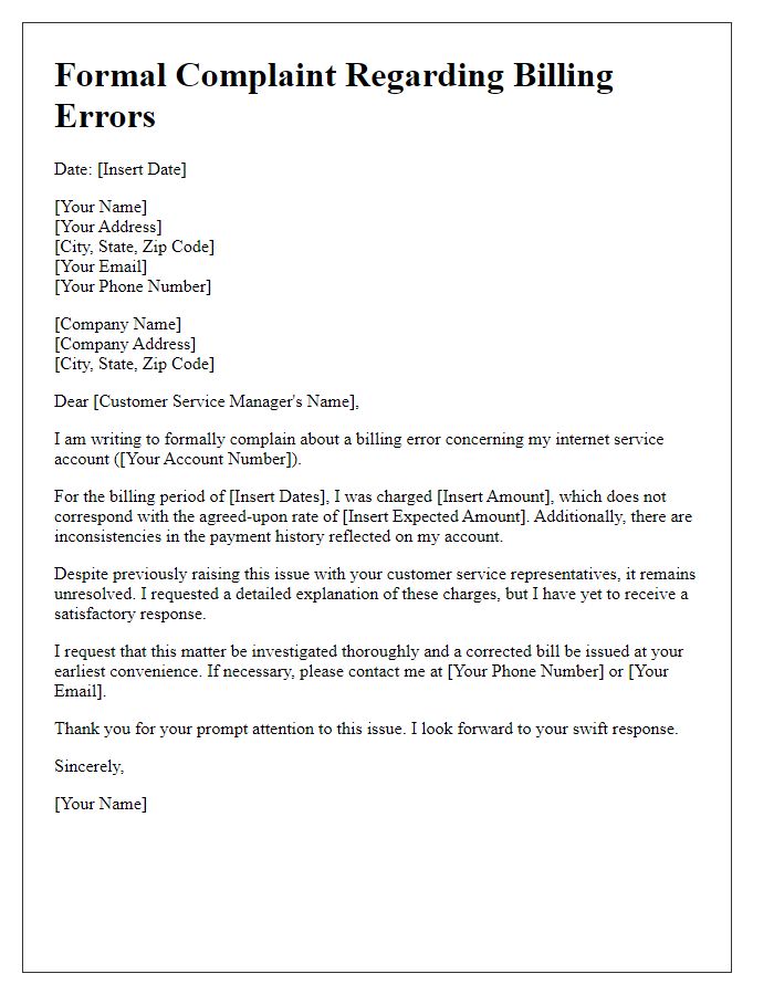 Letter template of formal complaint regarding billing errors for internet service.