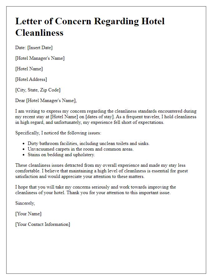 Letter template of concern related to hotel cleanliness issues