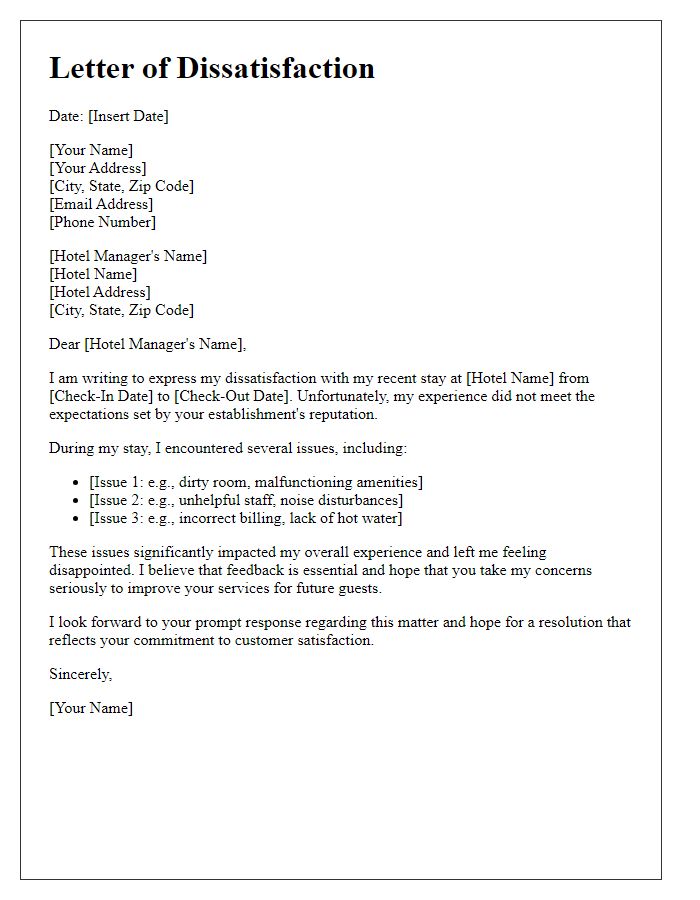 Letter template of dissatisfaction regarding hotel accommodations