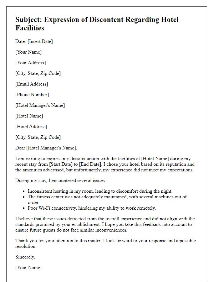 Letter template of expression of discontent with hotel facilities