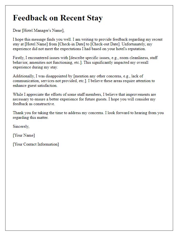 Letter template of feedback following poor hotel experience