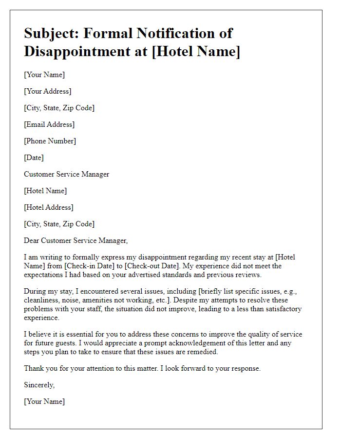 Letter template of formal notification of hotel disappointment