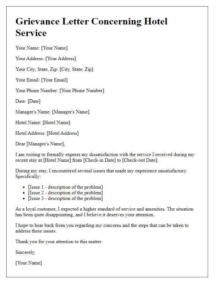 Letter template of grievance concerning hotel service