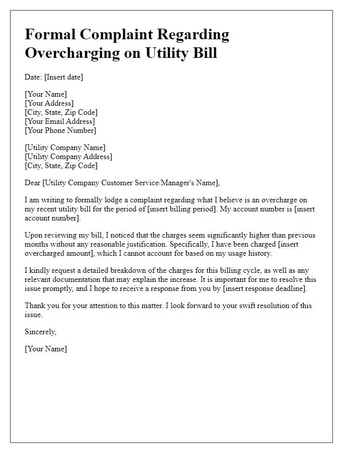 Letter template of formal complaint about overcharging on utility bill.