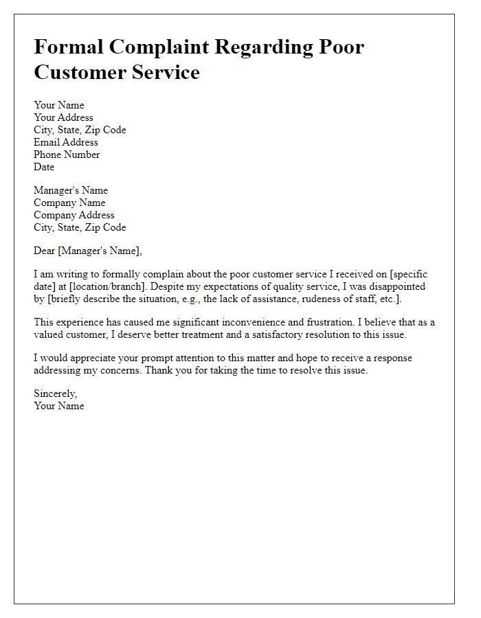 Letter template of formal complaint concerning poor customer service.