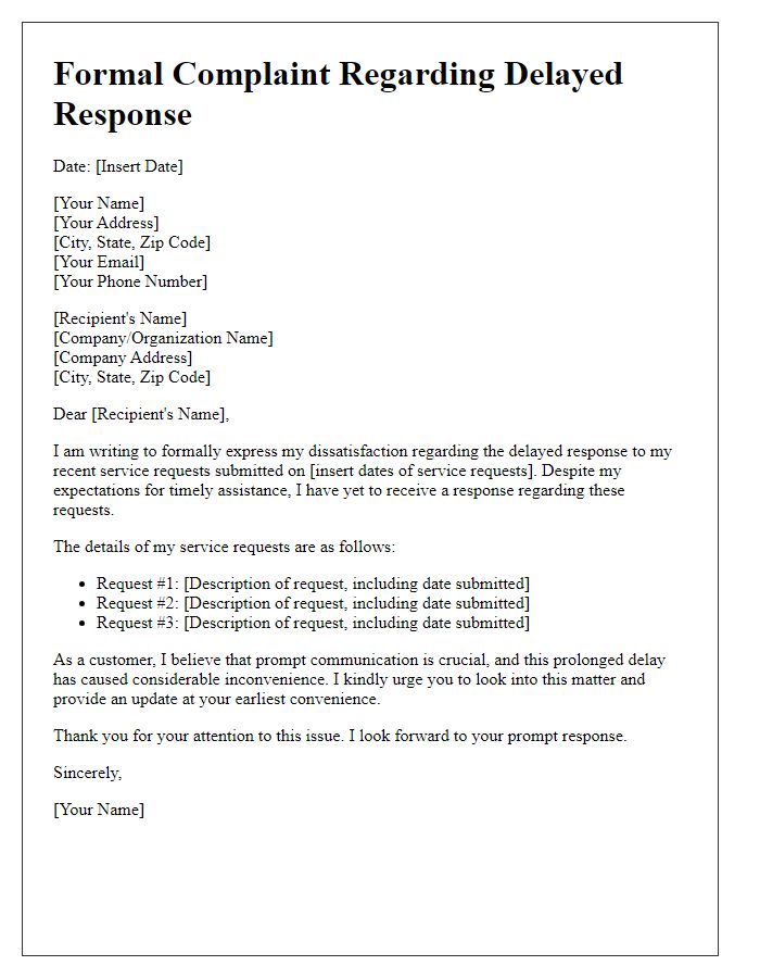 Letter template of formal complaint for delayed response to service requests.