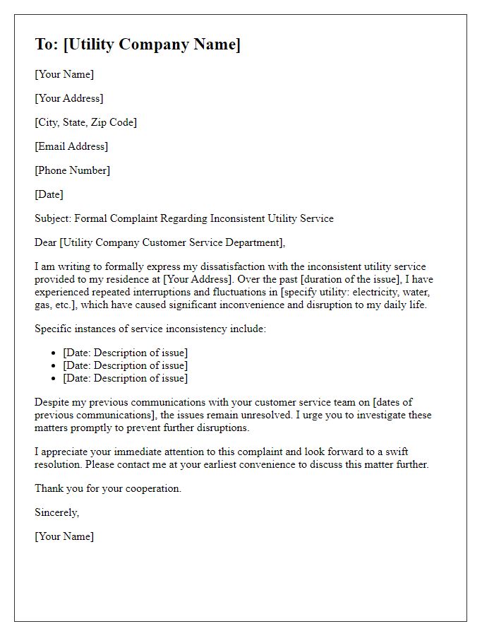 Letter template of formal complaint regarding inconsistent utility service.