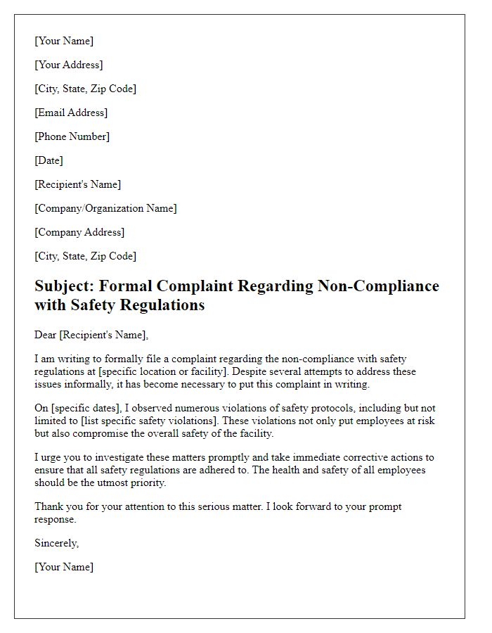 Letter template of formal complaint about non-compliance with safety regulations