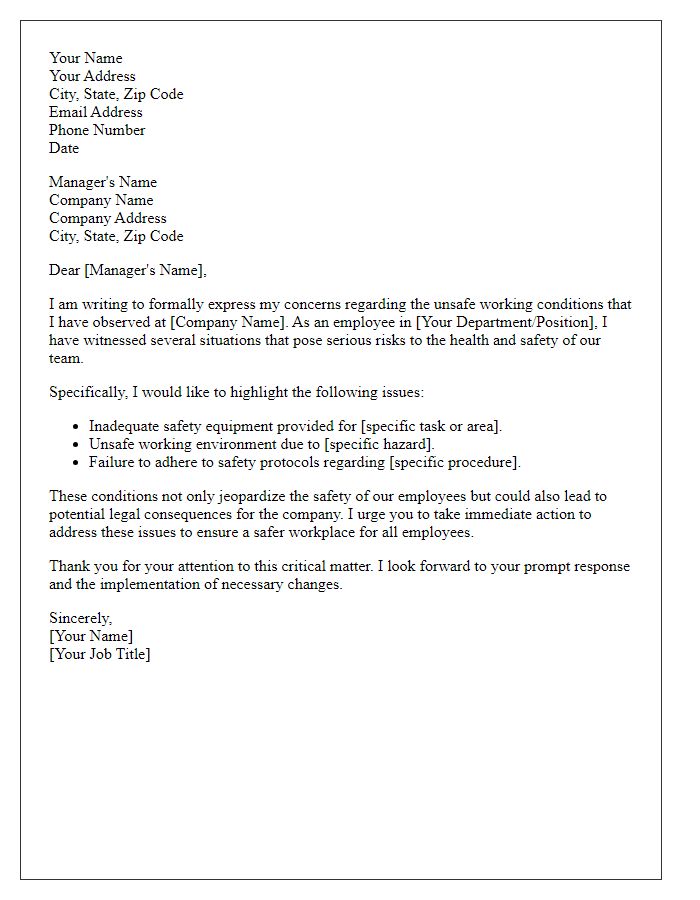 Letter template of formal complaint about unsafe working conditions