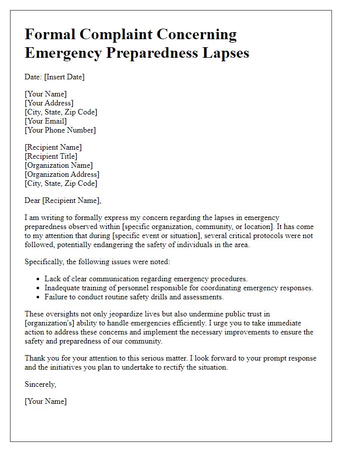 Letter template of formal complaint concerning emergency preparedness lapses