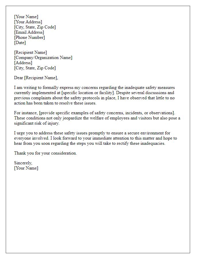 Letter template of formal complaint concerning inadequate safety measures