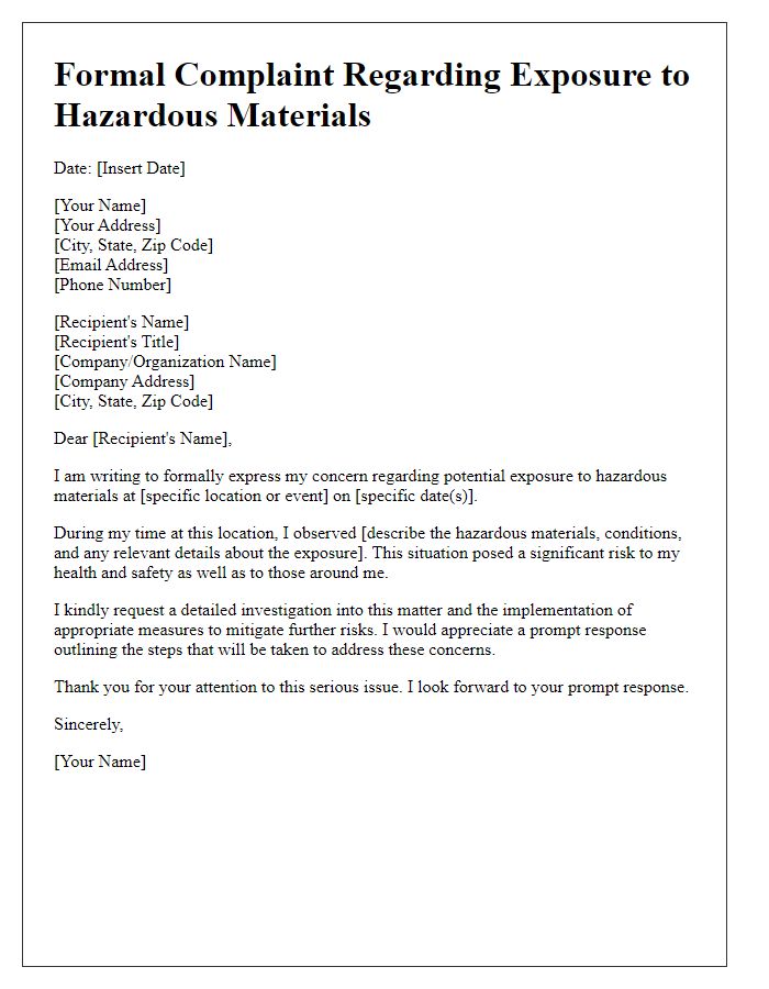 Letter template of formal complaint regarding exposure to hazardous materials