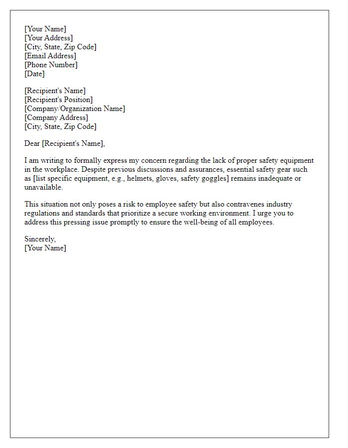 Letter template of formal complaint regarding lack of proper safety equipment