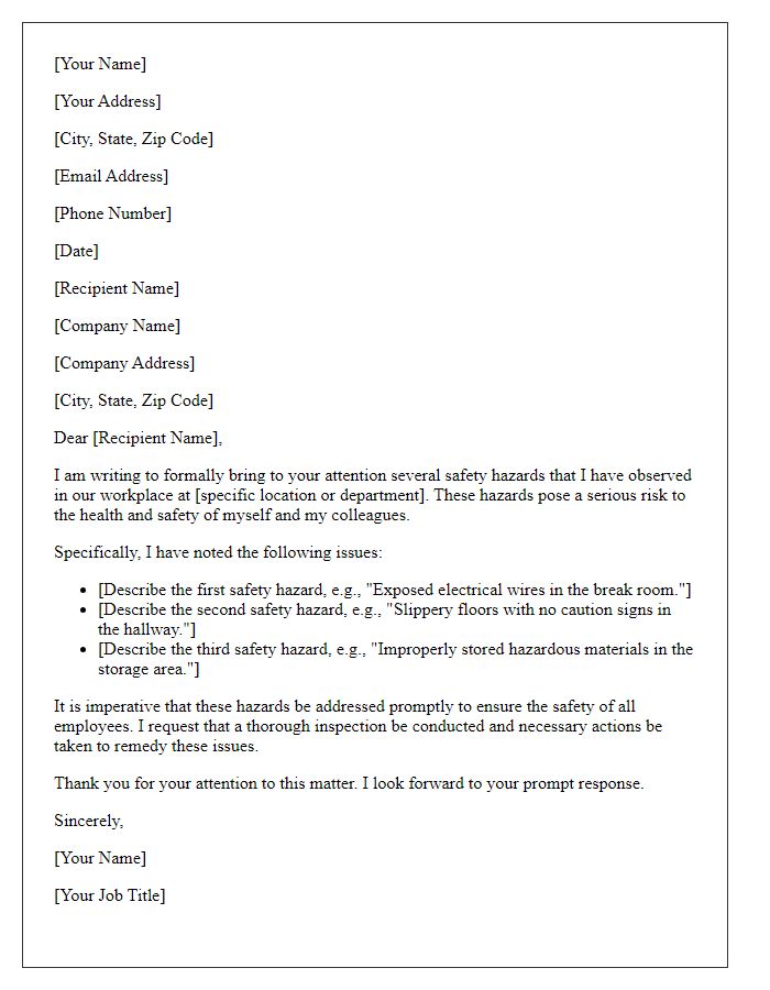 Letter template of formal complaint regarding workplace safety hazards