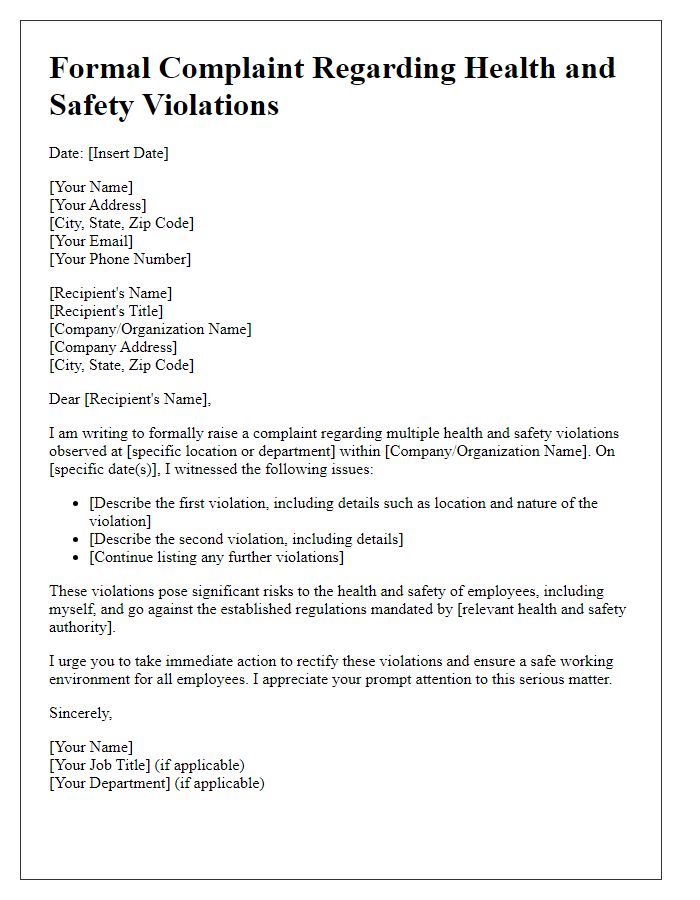 Letter template of formal complaint related to health and safety violations