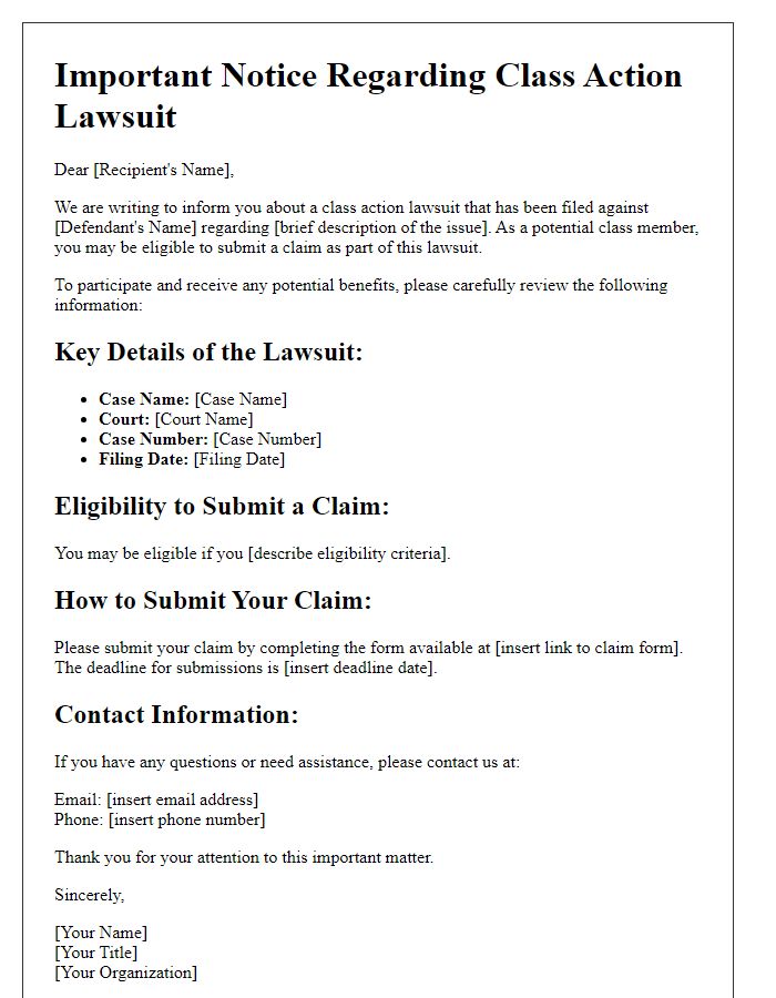 Letter template of class action lawsuit notification for claim submission