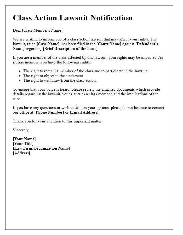 Letter template of class action lawsuit notification for class member rights