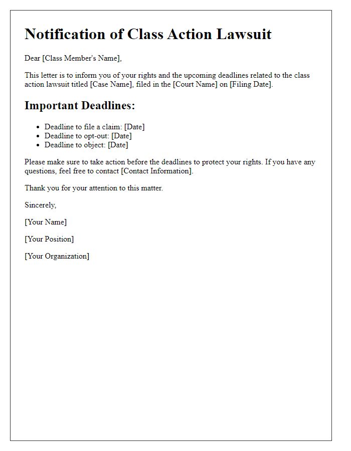 Letter template of class action lawsuit notification for deadline reminders