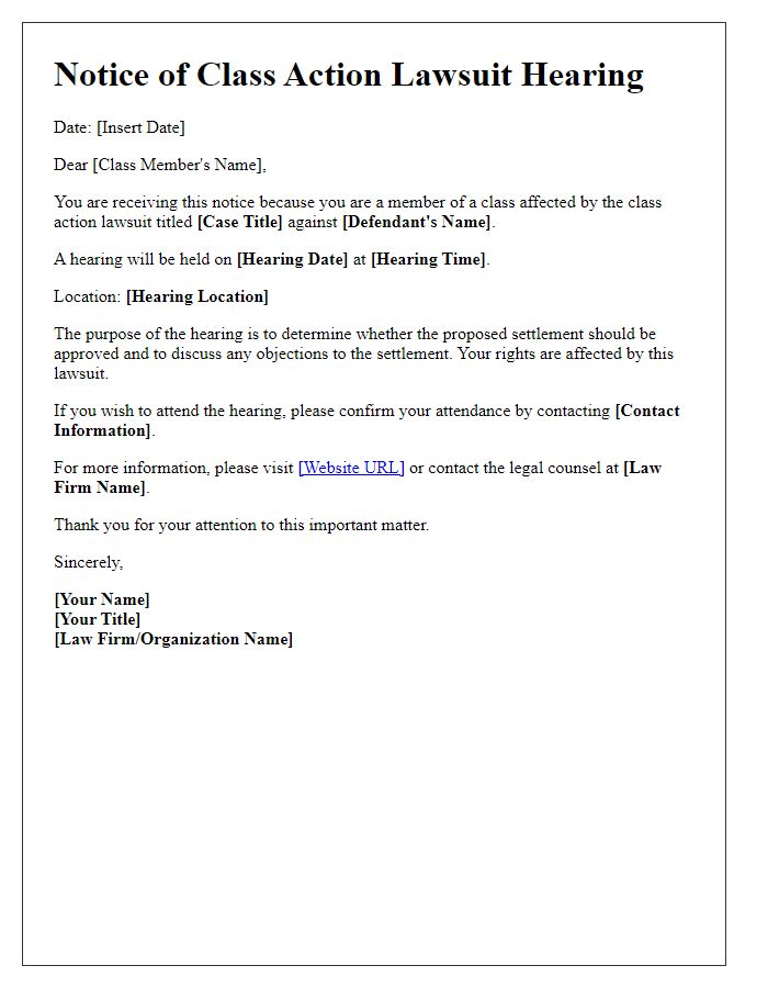 Letter template of class action lawsuit notification for hearing information