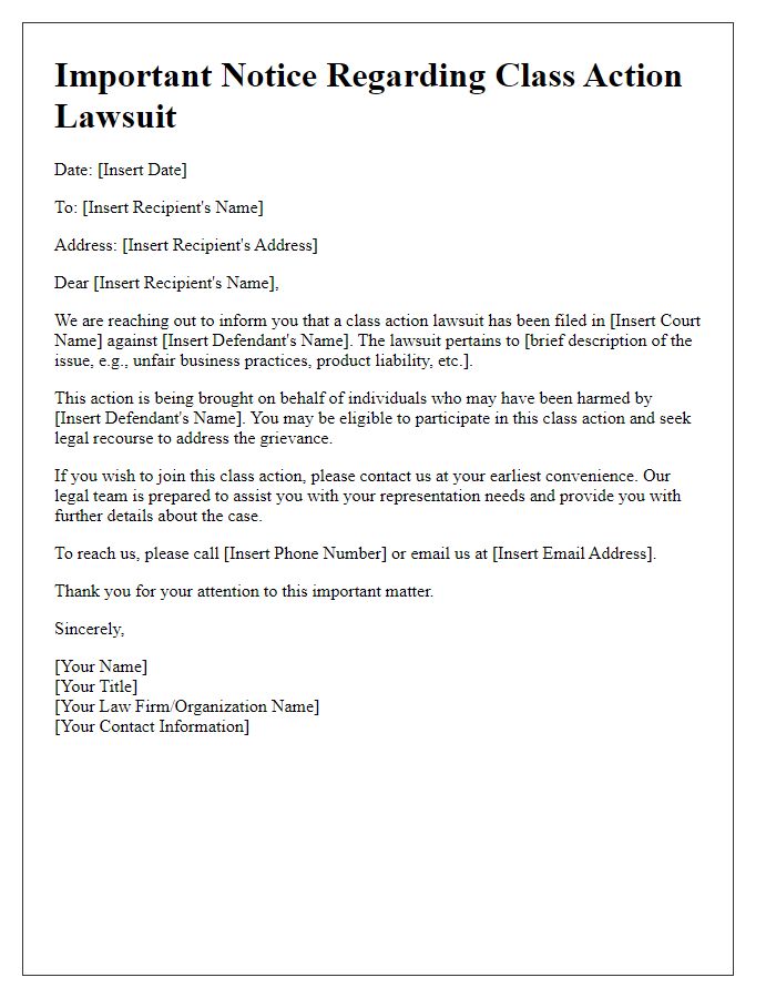 Letter template of class action lawsuit notification for legal representation