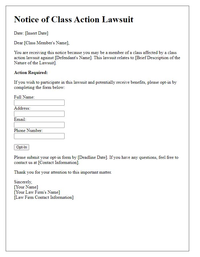 Letter template of class action lawsuit notification for opt-in details