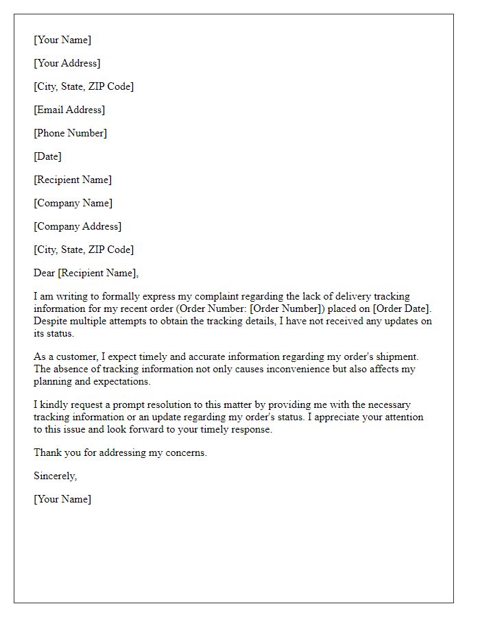 Letter template of formal complaint about lack of delivery tracking information.