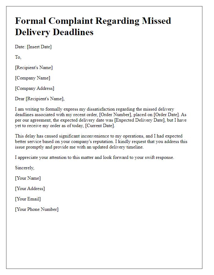 Letter template of formal complaint involving missed delivery deadlines.