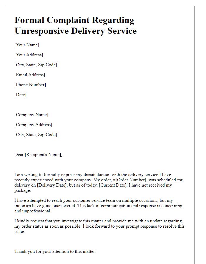 Letter template of formal complaint over unresponsive delivery service team.