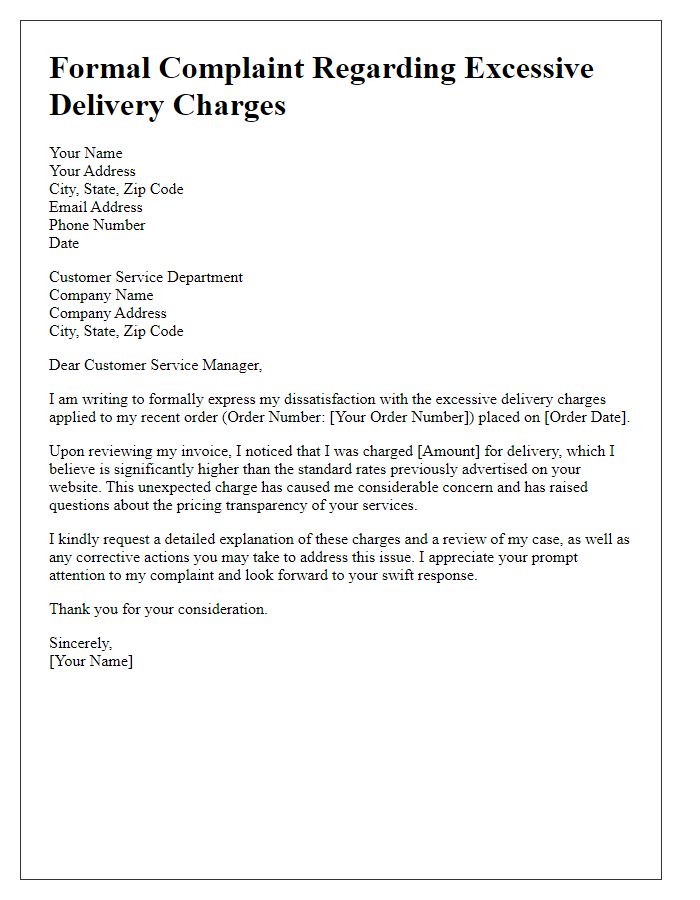 Letter template of formal complaint regarding excessive delivery charges.