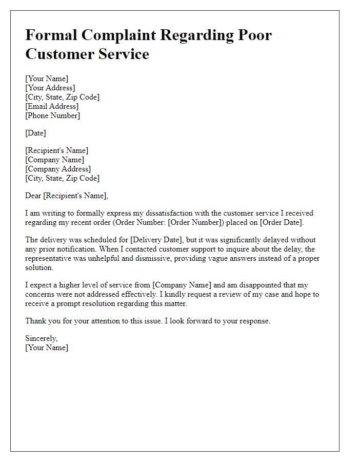 Letter template of formal complaint related to poor customer service during delivery.