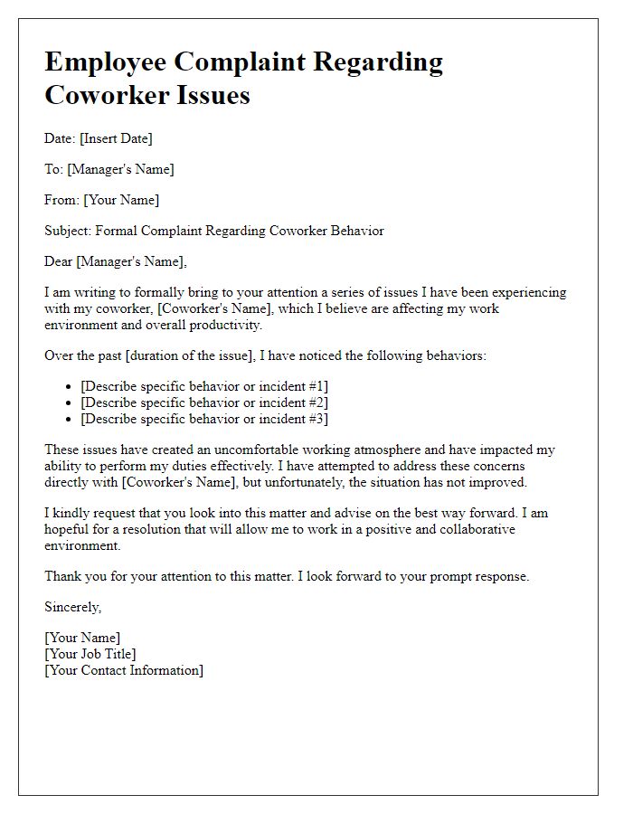 Letter template of employee complaint on coworker issues.