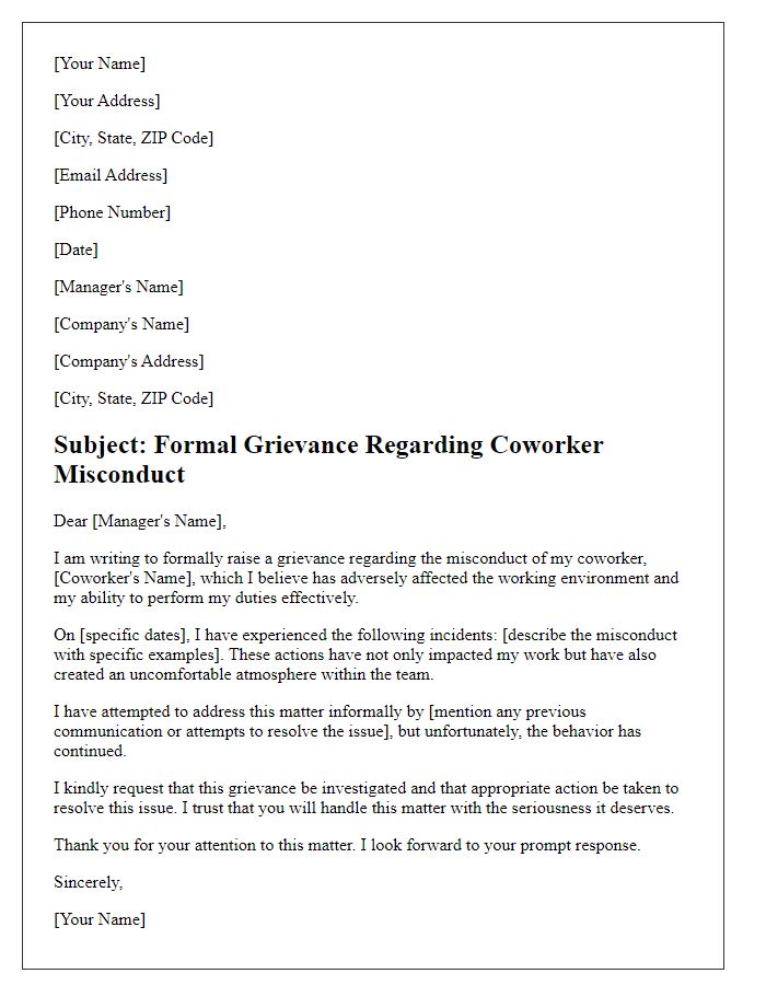 Letter template of formal grievance regarding coworker misconduct.