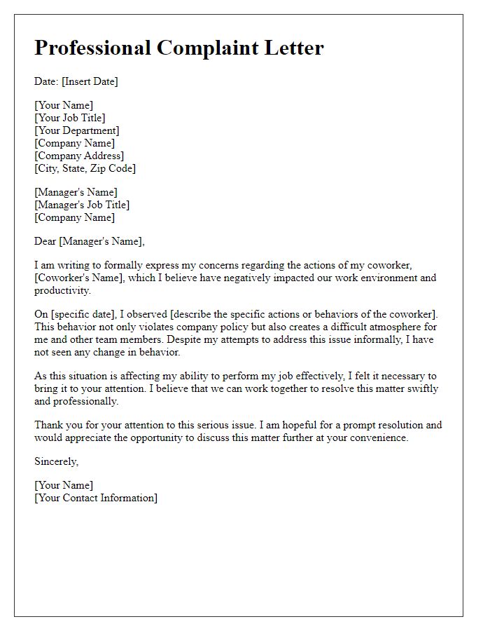 Letter template of professional complaint about coworker actions.