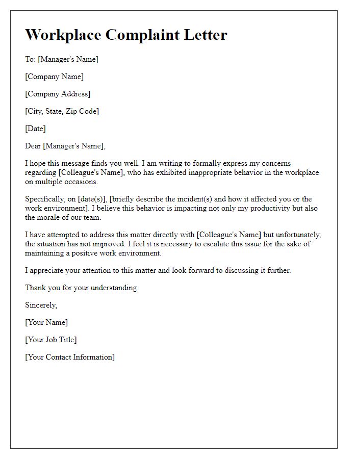 Letter template of workplace complaint against a colleague.