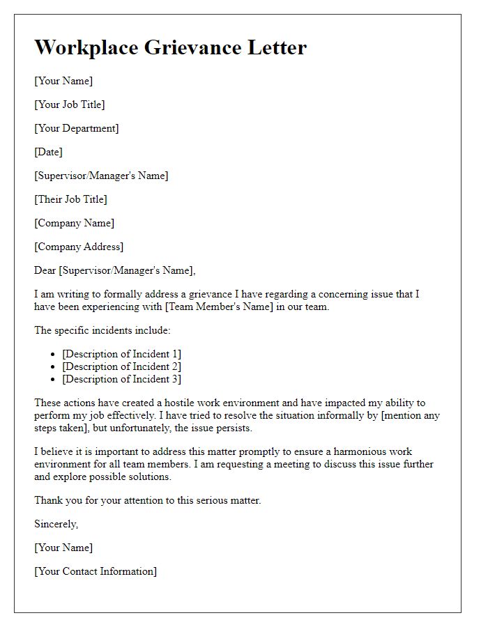 Letter template of workplace grievance against a team member.