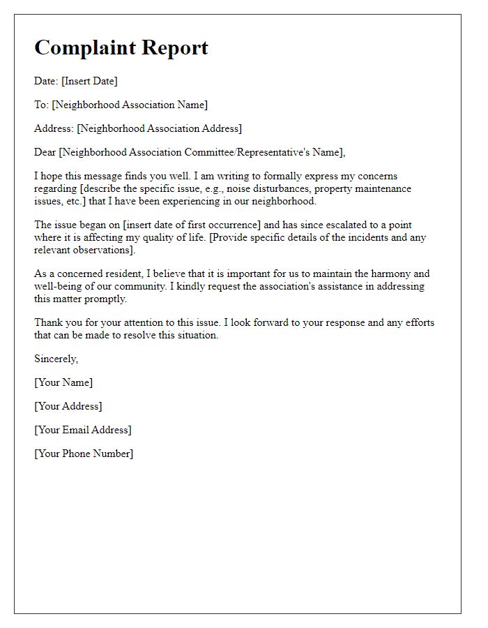 Letter template of complaint report to neighborhood association