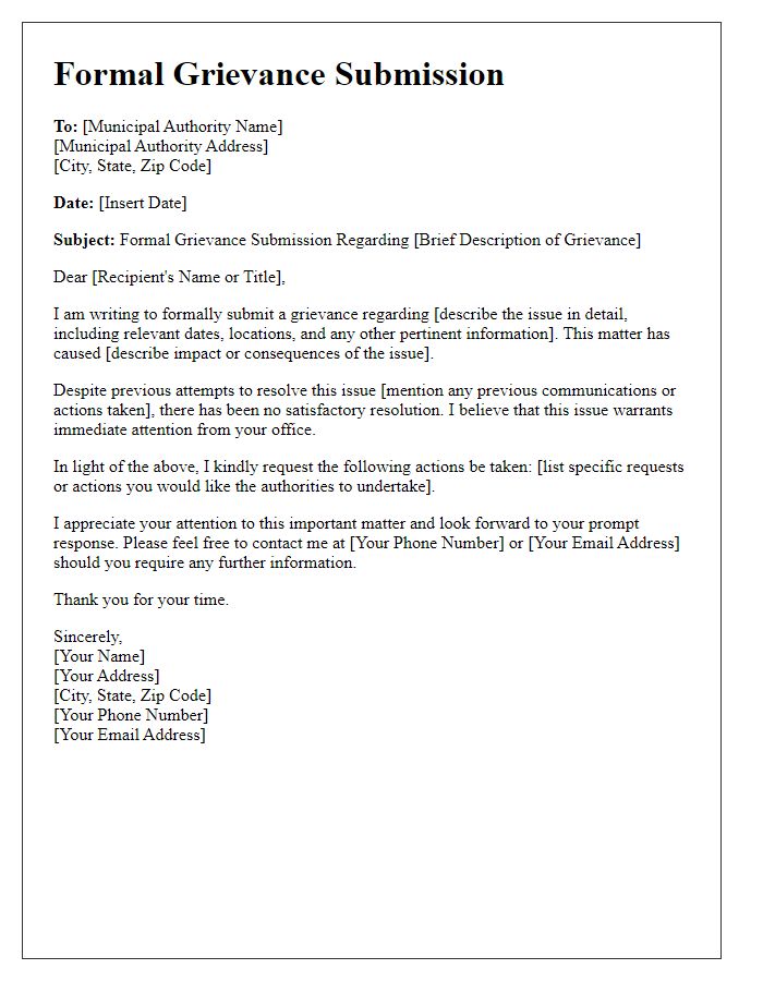 Letter template of formal grievance submission to municipal authorities