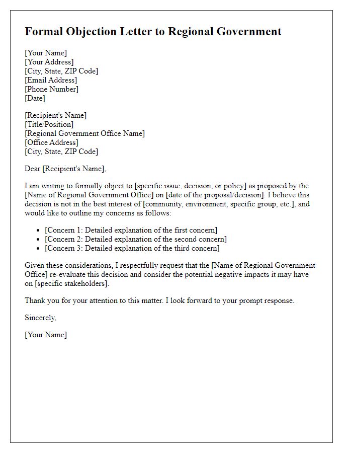 Letter template of formal objection to regional government