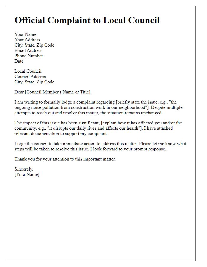 Letter template of official complaint to local council