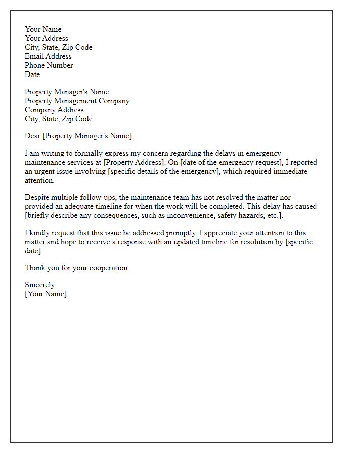 Letter template of formal complaint referring to emergency maintenance delays.