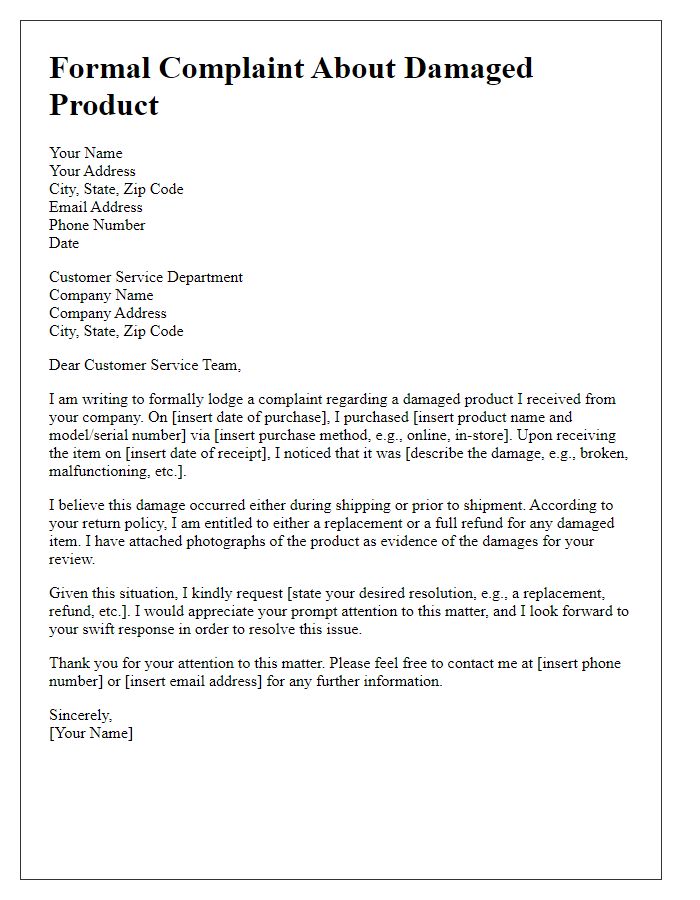 Letter template of formal complaint about a damaged product