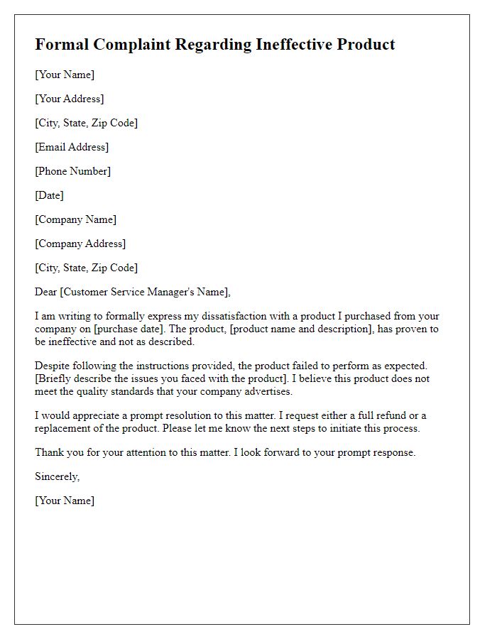 Letter template of formal complaint about an ineffective product