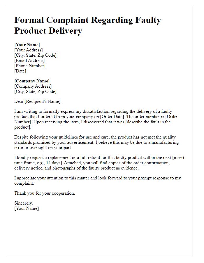 Letter template of formal complaint regarding faulty product delivery