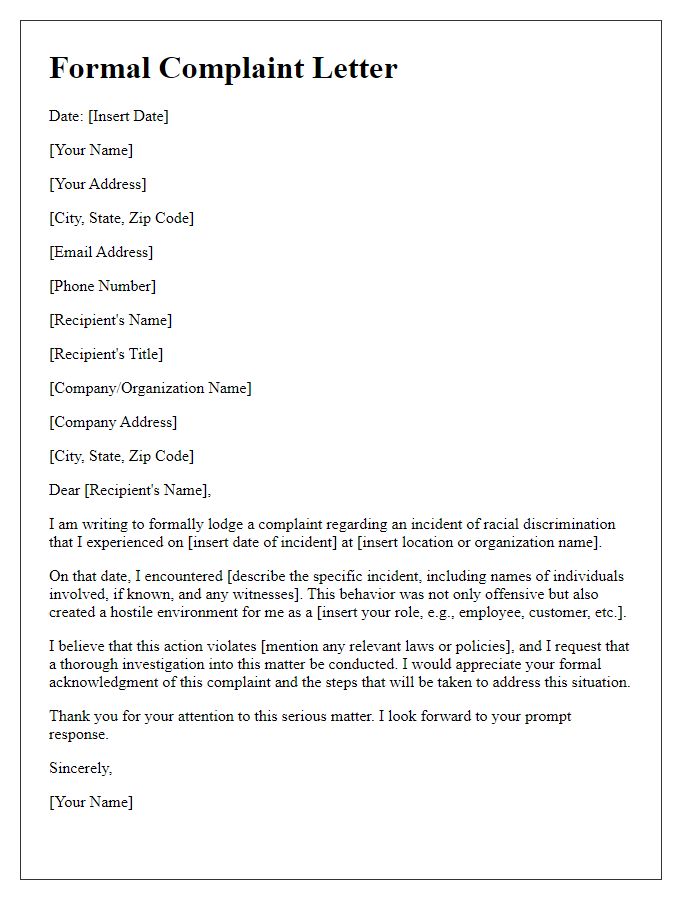 Letter template of formal complaint about racial discrimination