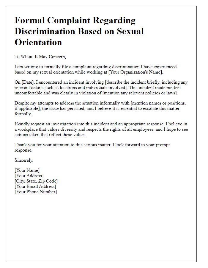 Letter template of formal complaint about sexual orientation discrimination