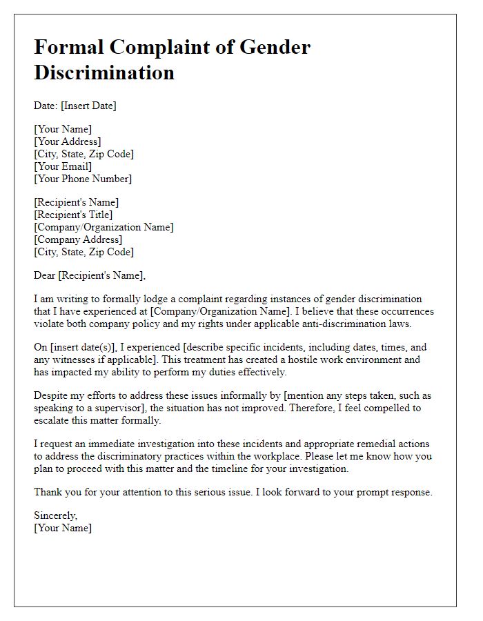 Letter template of formal complaint addressing gender discrimination