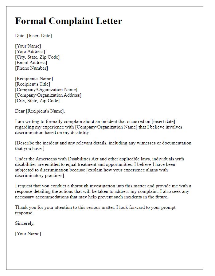 Letter template of formal complaint concerning disability discrimination