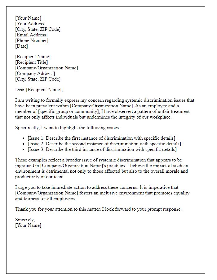 Letter template of formal complaint highlighting systemic discrimination issues